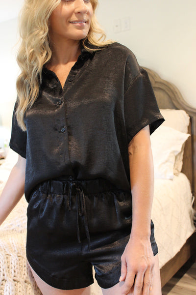 Satin Shirt Short Set-Black - Infinity Raine