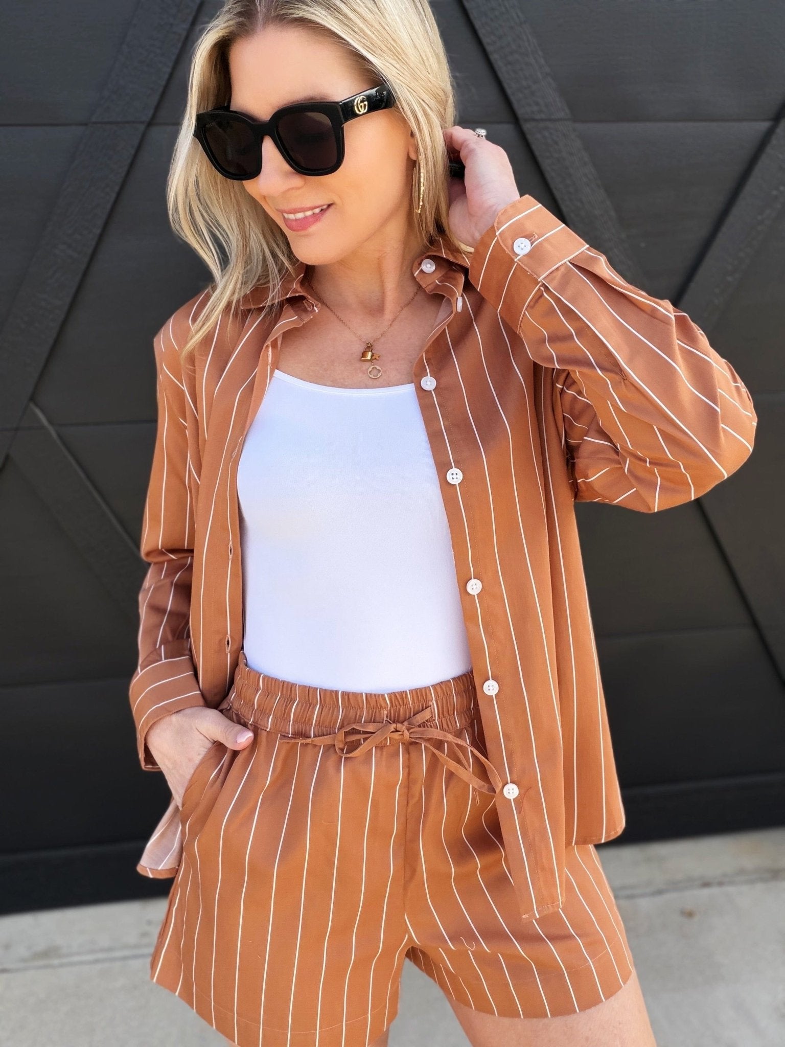 French Connection Alexis Poplin Fine Line Shirt In Macchiato - Infinity Raine