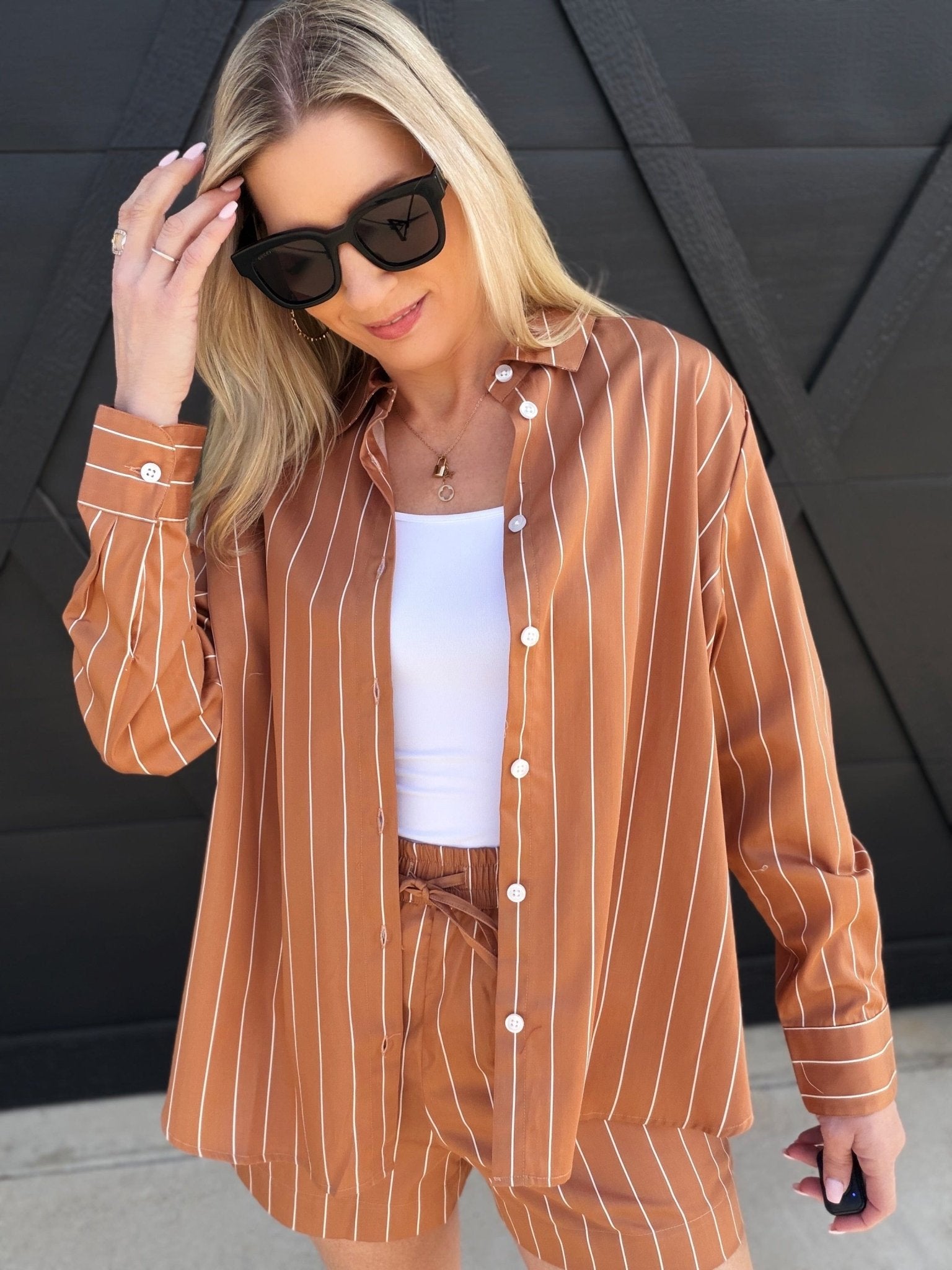 French Connection Alexis Poplin Fine Line Shirt In Macchiato - Infinity Raine
