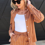 French Connection Alexis Poplin Stripe Shorts In Macchiato - Infinity Raine
