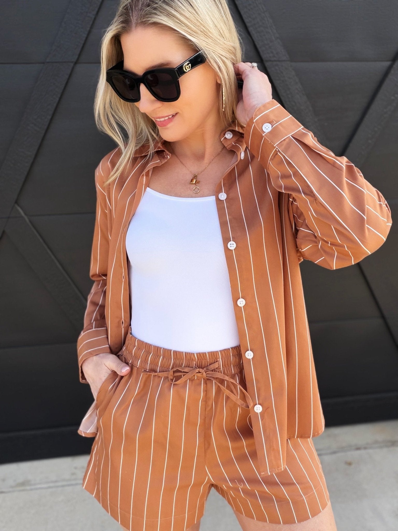 French Connection Alexis Poplin Stripe Shorts In Macchiato - Infinity Raine