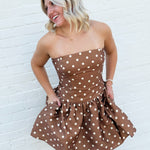 French Connection Taffeta Polka Dot Mini Dress In Café Brown - Infinity Raine