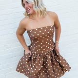 French Connection Taffeta Polka Dot Mini Dress In Café Brown - Infinity Raine