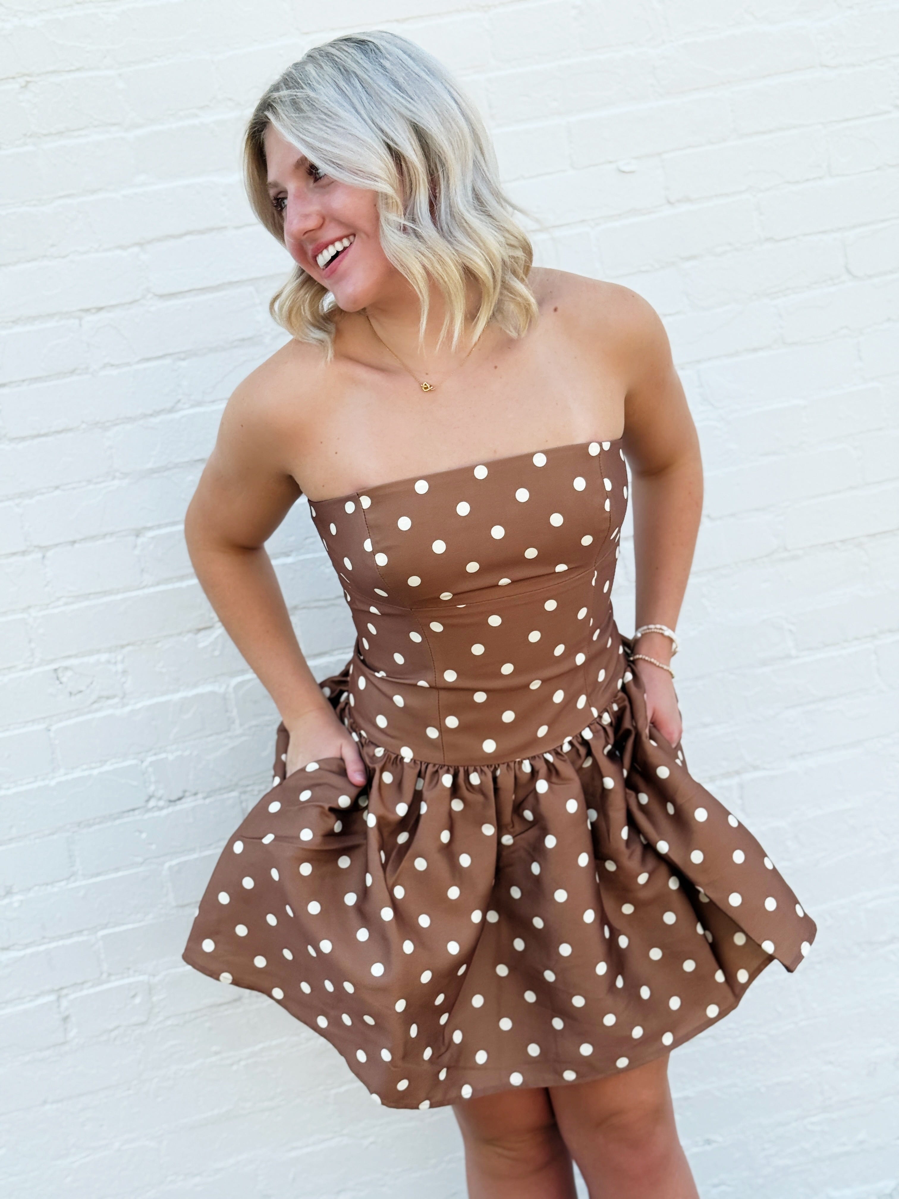 French Connection Taffeta Polka Dot Mini Dress In Café Brown - Infinity Raine