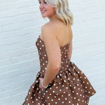 French Connection Taffeta Polka Dot Mini Dress In Café Brown - Infinity Raine