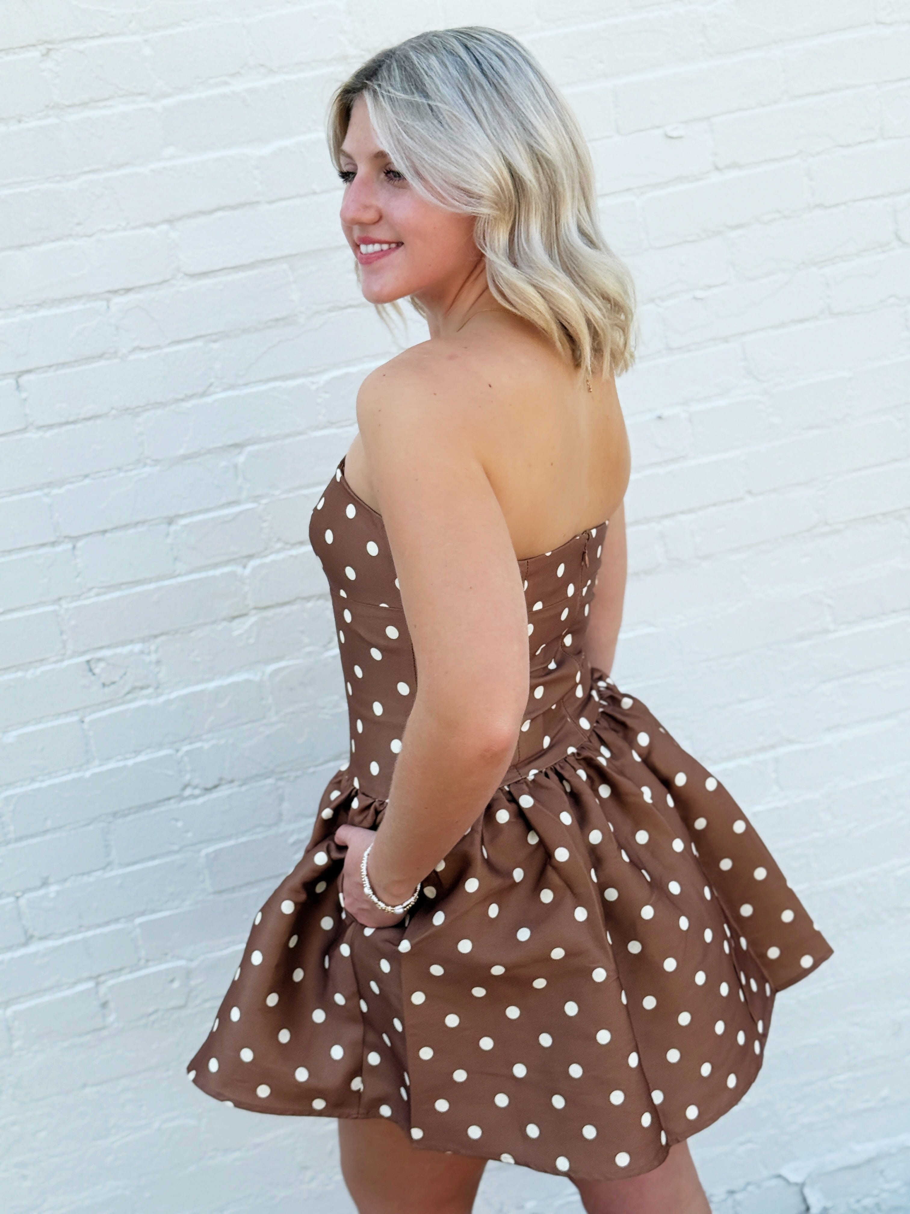 French Connection Taffeta Polka Dot Mini Dress In Café Brown - Infinity Raine
