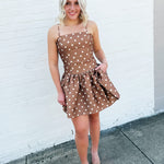 French Connection Taffeta Polka Dot Mini Dress In Café Brown - Infinity Raine