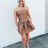 French Connection Taffeta Polka Dot Mini Dress In Café Brown - Infinity Raine