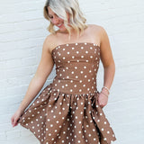 French Connection Taffeta Polka Dot Mini Dress In Café Brown - Infinity Raine