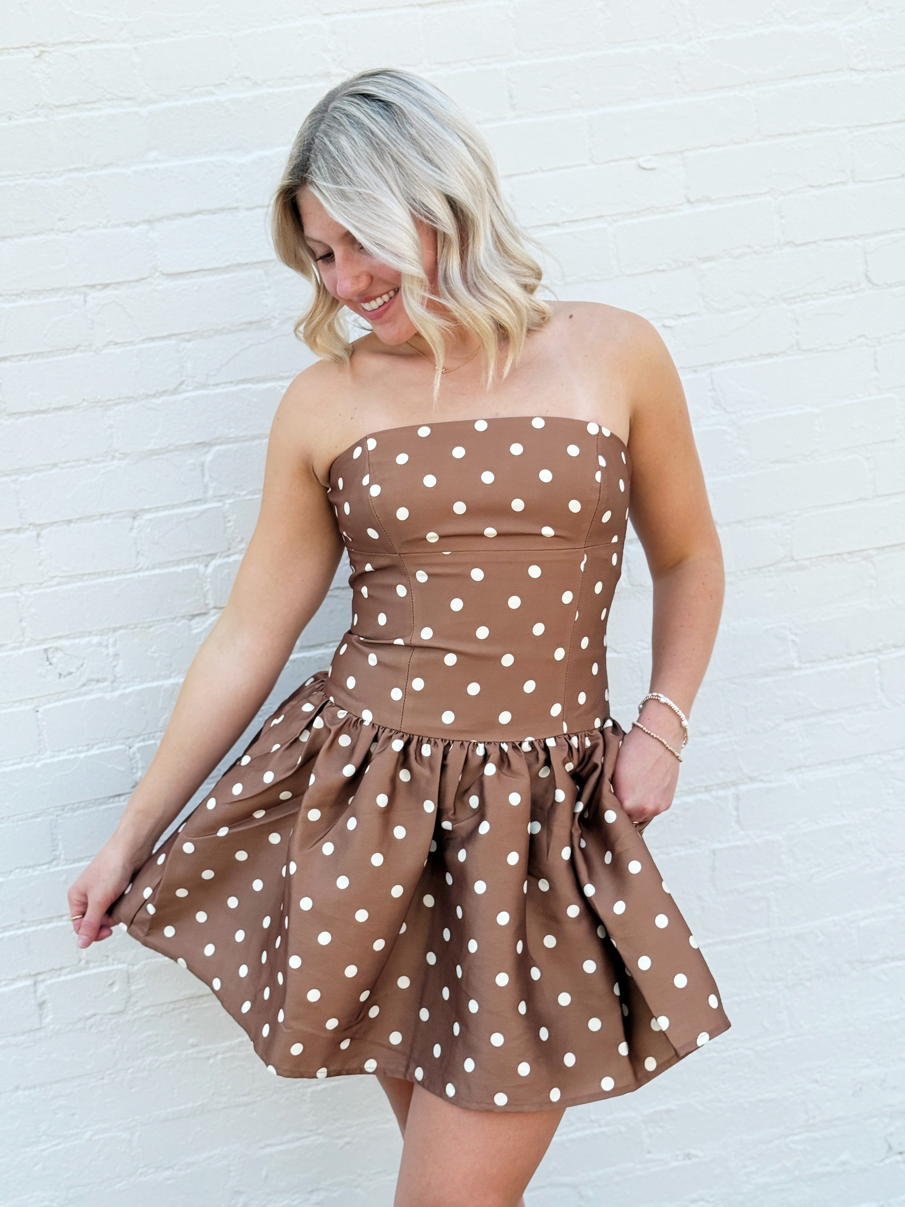 French Connection Taffeta Polka Dot Mini Dress In Café Brown - Infinity Raine