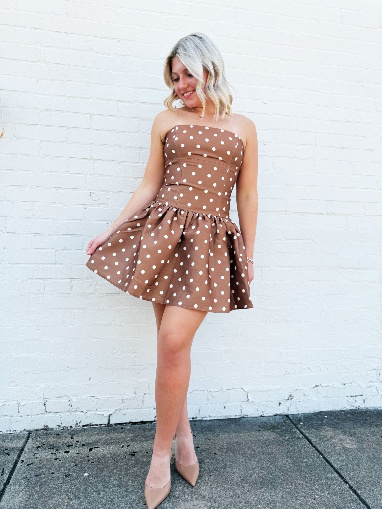 retro polka dot dress French Connection Women's Structured Taffeta Polka-Dot Dress - Cafe Brown/ Porcelain Cream