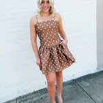 French Connection Taffeta Polka Dot Mini Dress In Café Brown - Infinity Raine