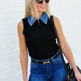French Connection Collared Vest Denim and Black - Infinity Raine