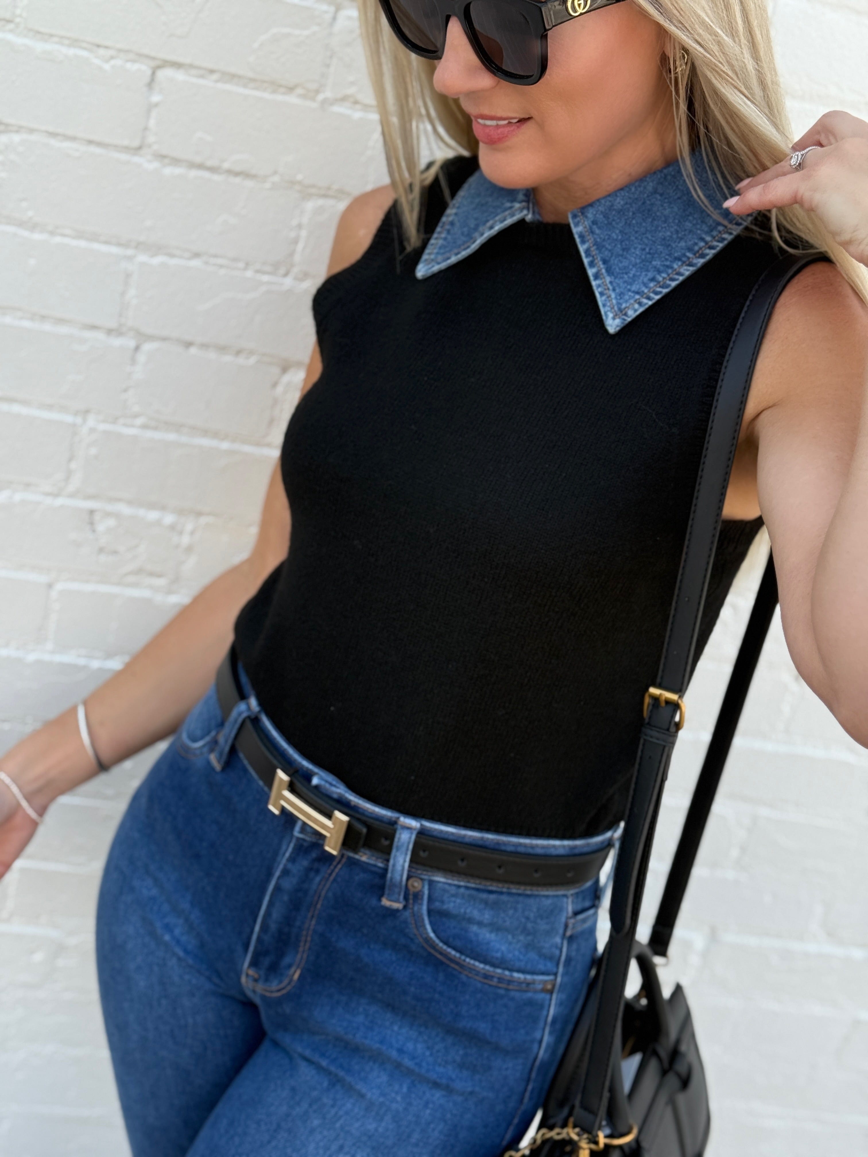 French Connection Collared Vest Denim and Black - Infinity Raine