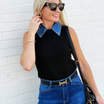 French Connection Collared Vest Denim and Black - Infinity Raine