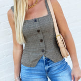 French Connection Hounds Tooth Sleeveless Top In Brown - Infinity Raine