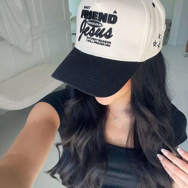 Friend in Jesus - Black Vintage Trucker Hat - Infinity Raine