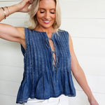 Front Double Tie Sleeveless Top In Medium Wash - Infinity Raine