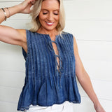 Front Double Tie Sleeveless Top In Medium Wash - Infinity Raine