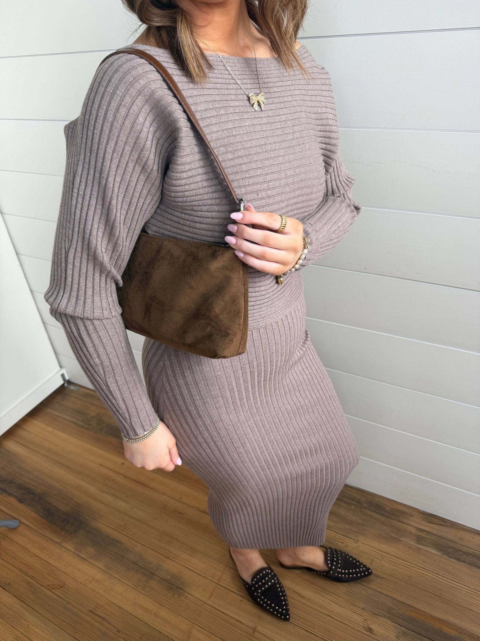 Gabi Sweater Top And Dress Set In Taupe - Infinity Raine