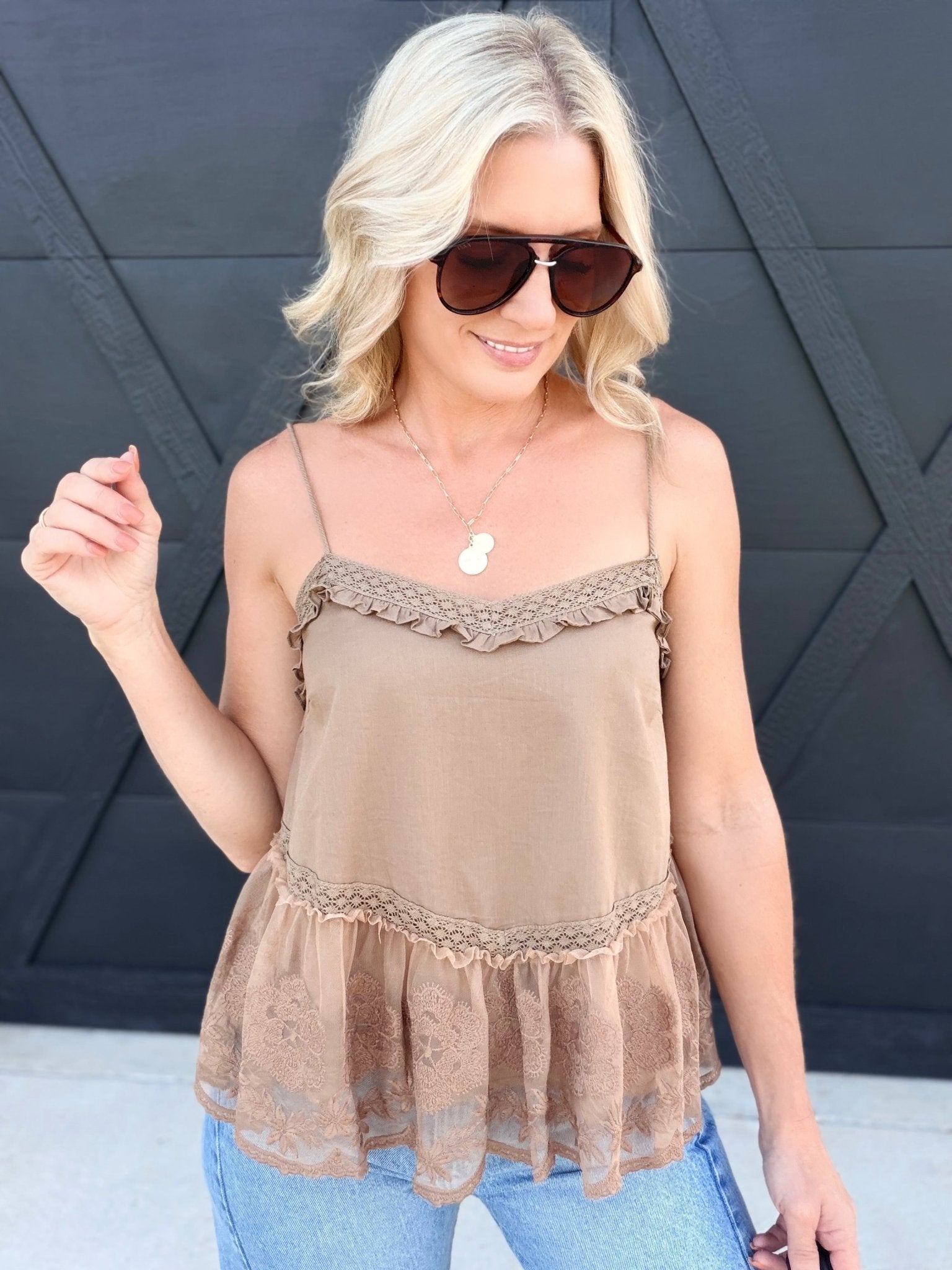 Garden Air Flare Tank With Embroidered Mesh Lace In Cappuccino - Infinity Raine