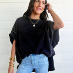 Garment Washed Roll Up Sleeve Studded High Low Tee In Black - Infinity Raine