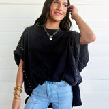Garment Washed Roll Up Sleeve Studded High Low Tee In Black - Infinity Raine