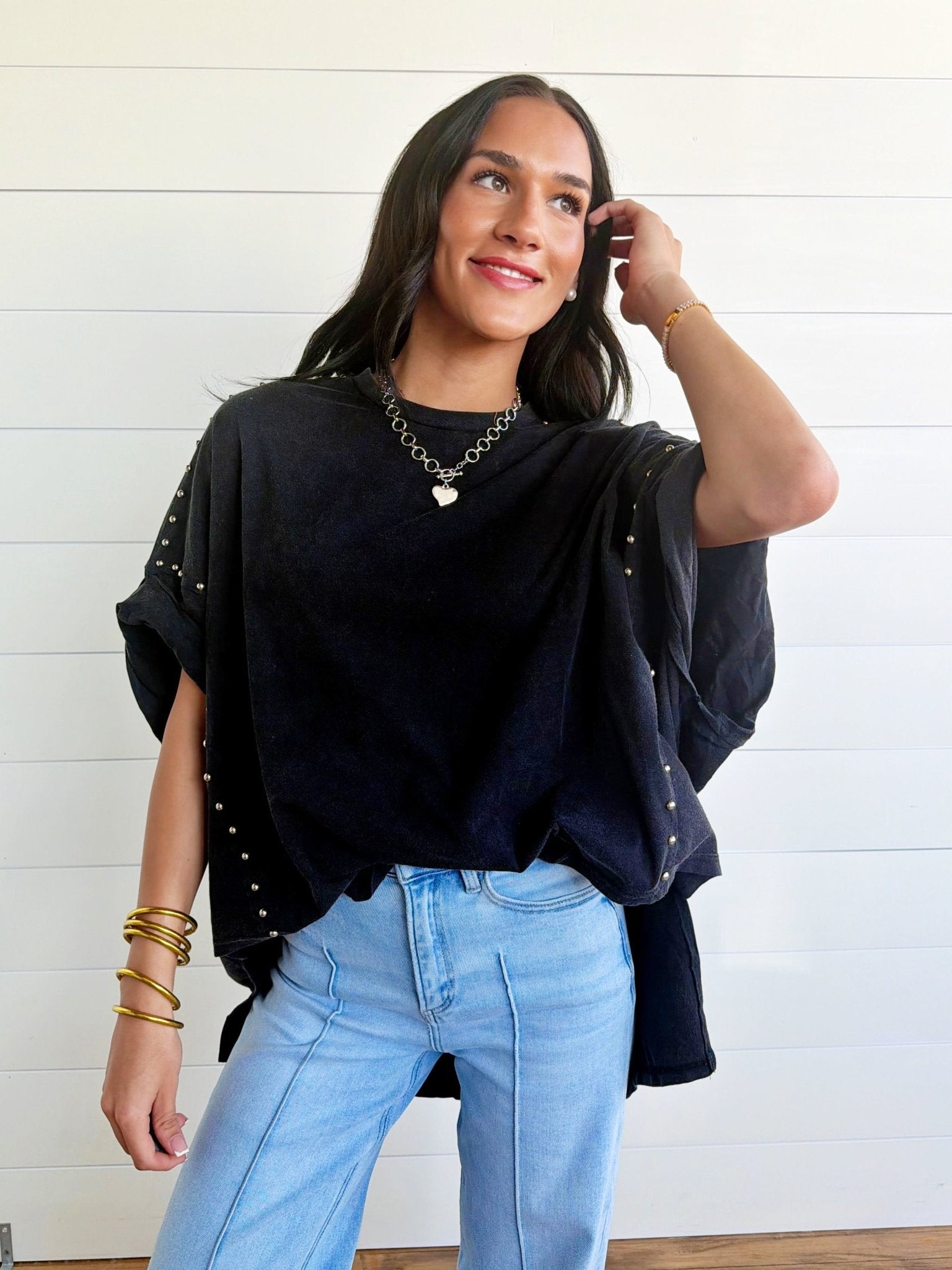 Garment Washed Roll Up Sleeve Studded High Low Tee In Black - Infinity Raine