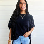 Garment Washed Roll Up Sleeve Studded High Low Tee In Black - Infinity Raine