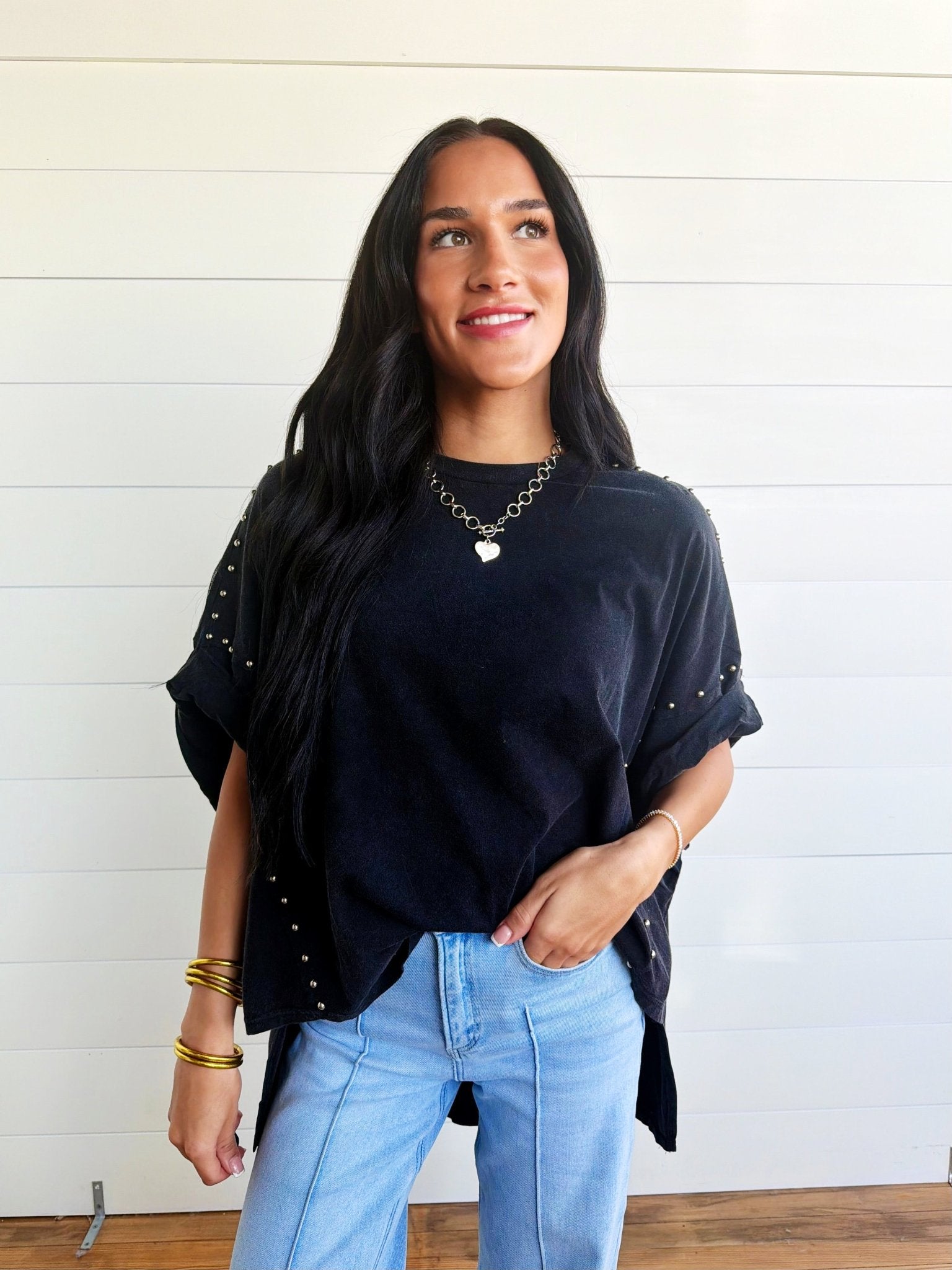 Garment Washed Roll Up Sleeve Studded High Low Tee In Black - Infinity Raine