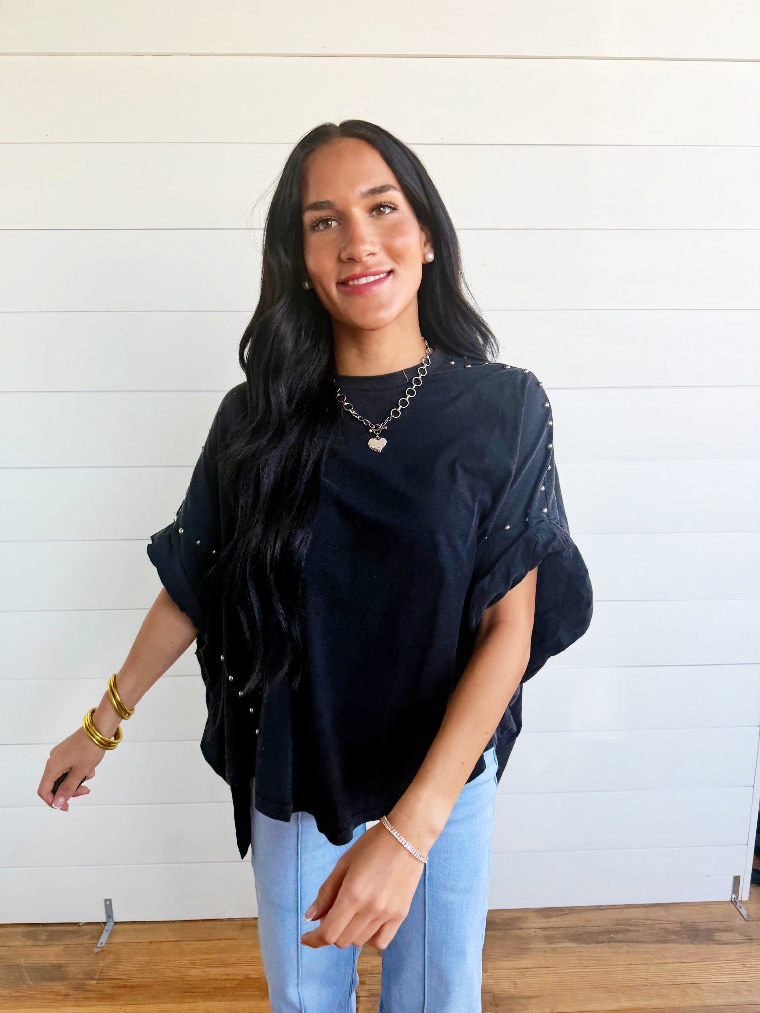 Garment Washed Roll Up Sleeve Studded High Low Tee In Black - Infinity Raine