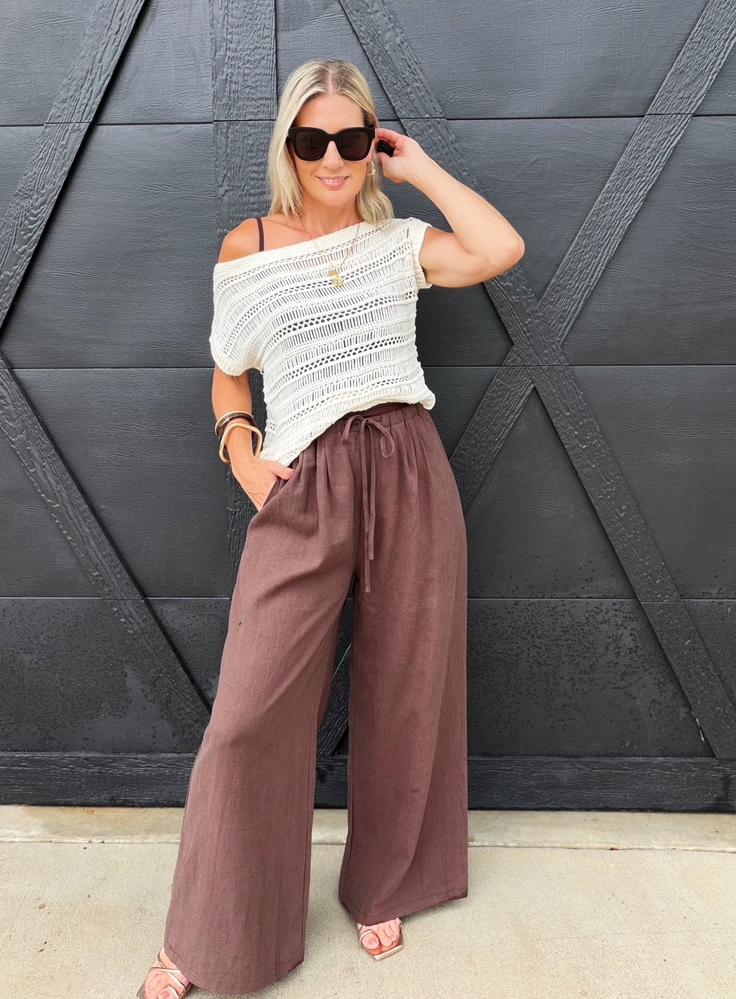 Gathered Drawstring Wide Leg Trouser In Dark Espresso - Infinity Raine
