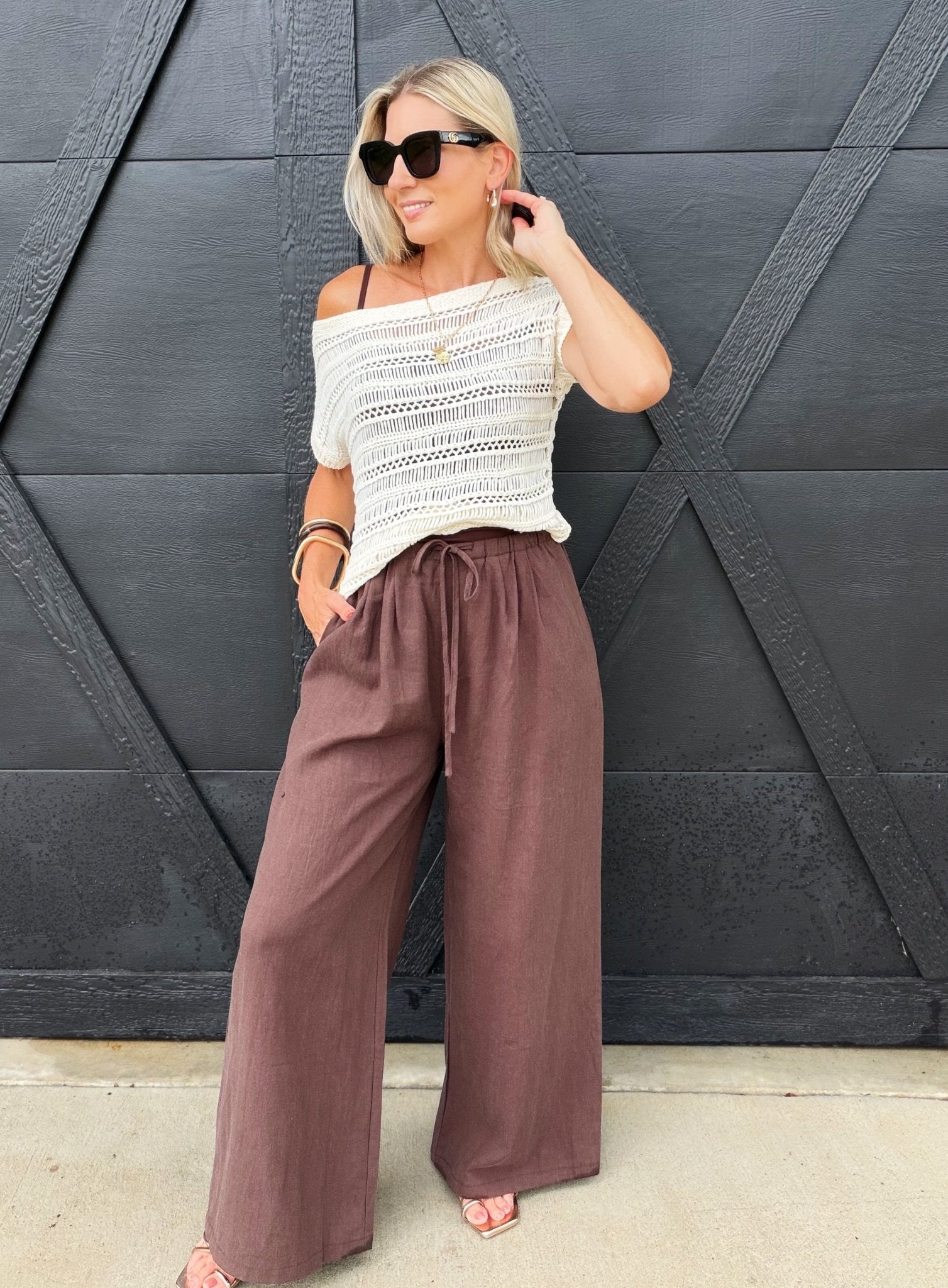 Gathered Drawstring Wide Leg Trouser In Dark Espresso - Infinity Raine