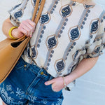 Geometric Floral Printed Cuff Blouse In Midnight - Infinity Raine