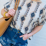 Geometric Floral Printed Cuff Blouse In Midnight - Infinity Raine