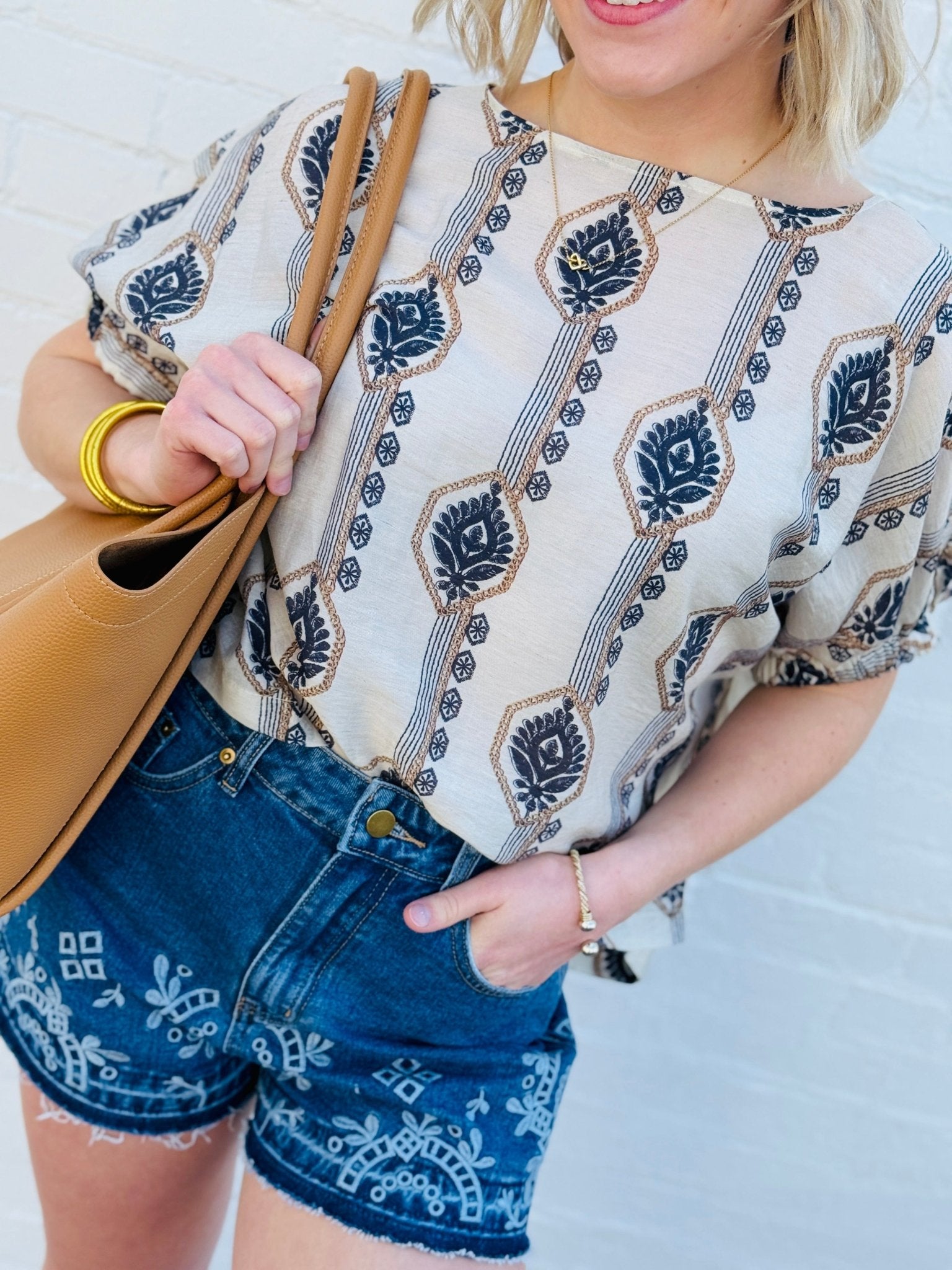 Geometric Floral Printed Cuff Blouse In Midnight - Infinity Raine