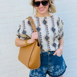 Geometric Floral Printed Cuff Blouse In Midnight - Infinity Raine
