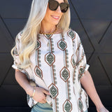 Geometric Floral Printed Cuff Blouse In Sage - Infinity Raine