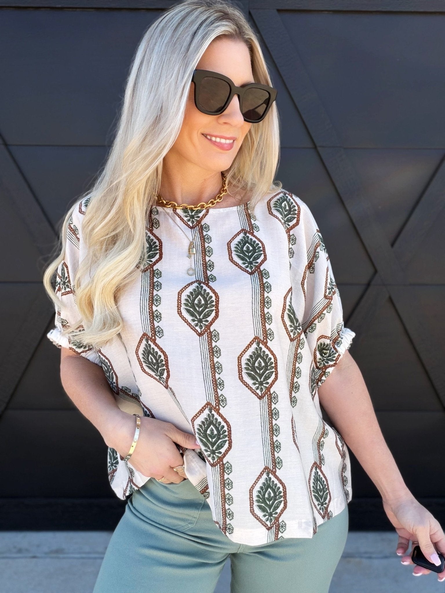 Geometric Floral Printed Cuff Blouse In Sage - Infinity Raine