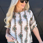 Geometric Floral Printed Cuff Blouse In Sage - Infinity Raine