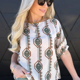 Geometric Floral Printed Cuff Blouse In Sage - Infinity Raine