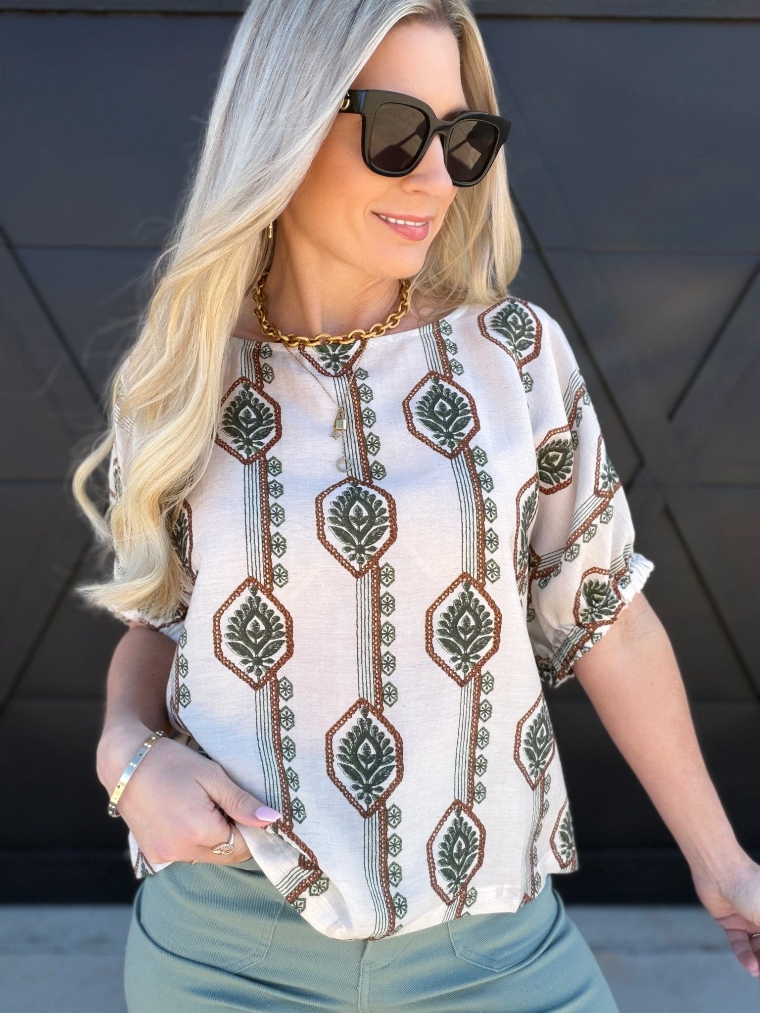 Geometric Floral Printed Cuff Blouse In Sage - Infinity Raine