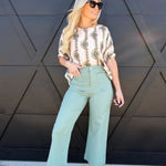 Geometric Floral Printed Cuff Blouse In Sage - Infinity Raine