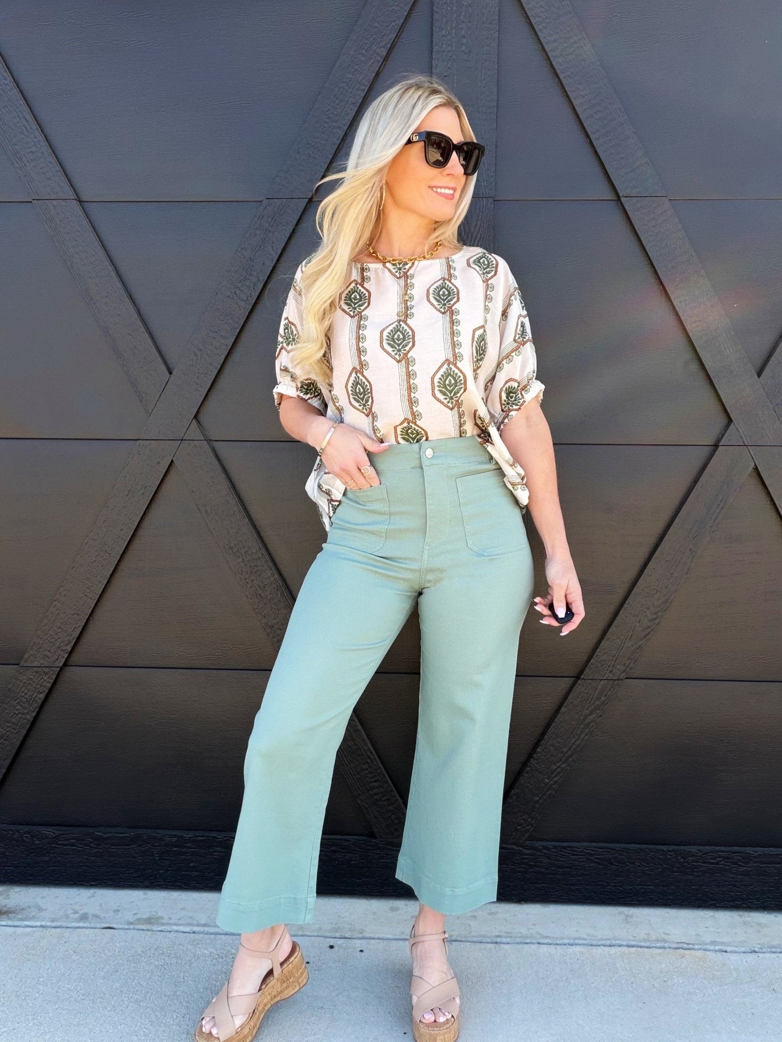 Geometric Floral Printed Cuff Blouse In Sage - Infinity Raine