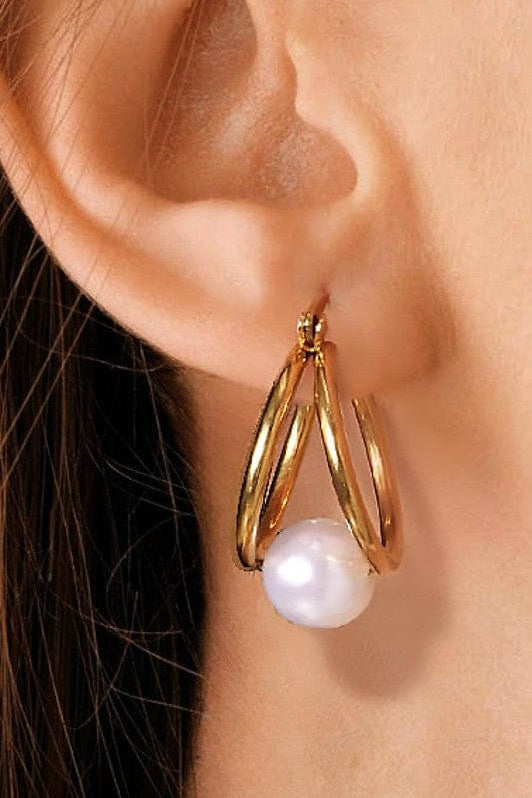 Geometric Pearl Hoop Earrings In Gold - Infinity Raine