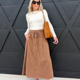 Get Like This Belted Midi Skirt In Washed Earth - Infinity Raine