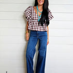 Gingham Bubble Sleeves Back Smocked Blouse Top In Brown - Infinity Raine