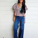 Gingham Bubble Sleeves Back Smocked Blouse Top In Brown - Infinity Raine