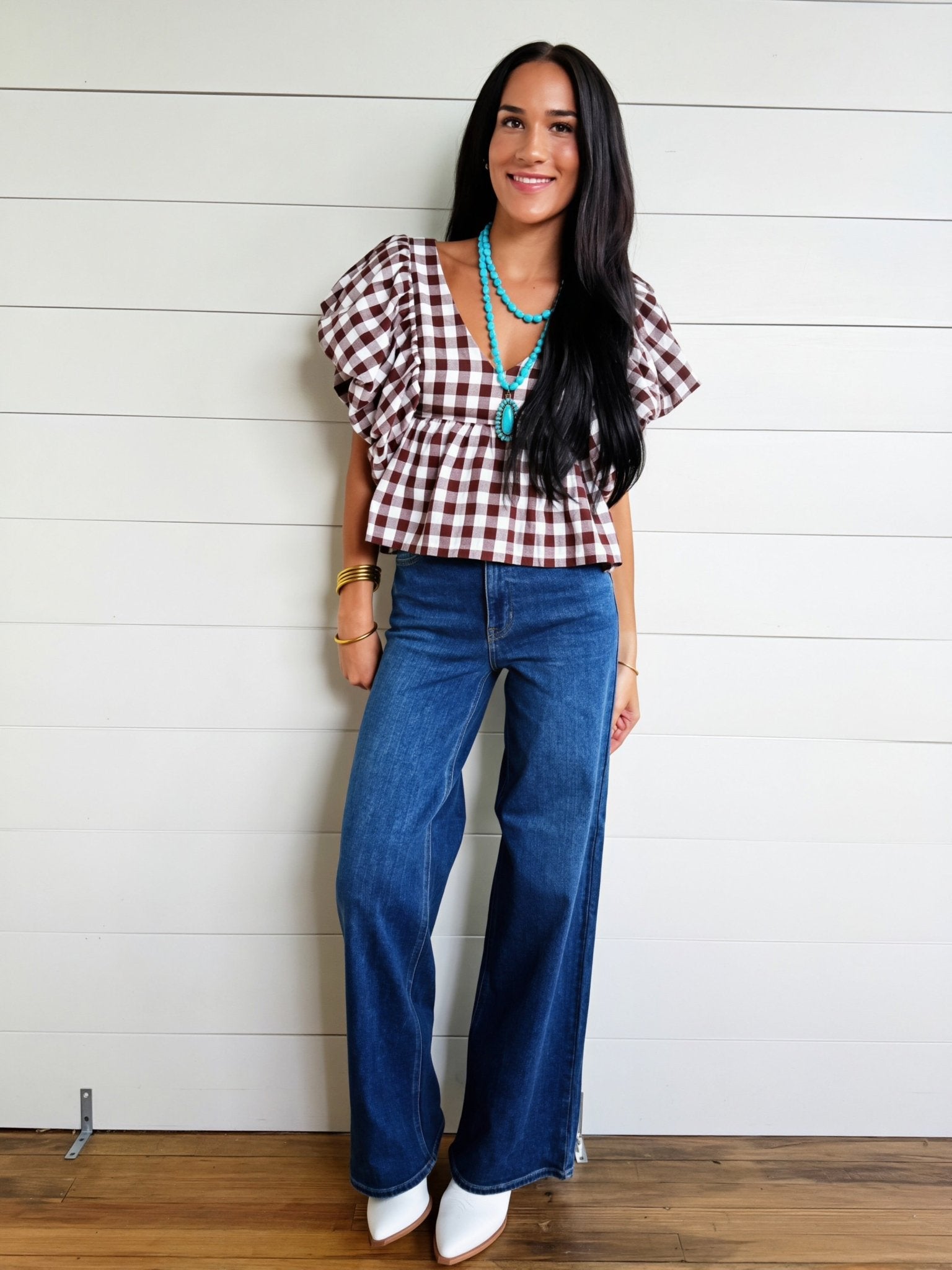Gingham Bubble Sleeves Back Smocked Blouse Top In Brown - Infinity Raine