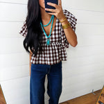 Gingham Bubble Sleeves Back Smocked Blouse Top In Brown - Infinity Raine